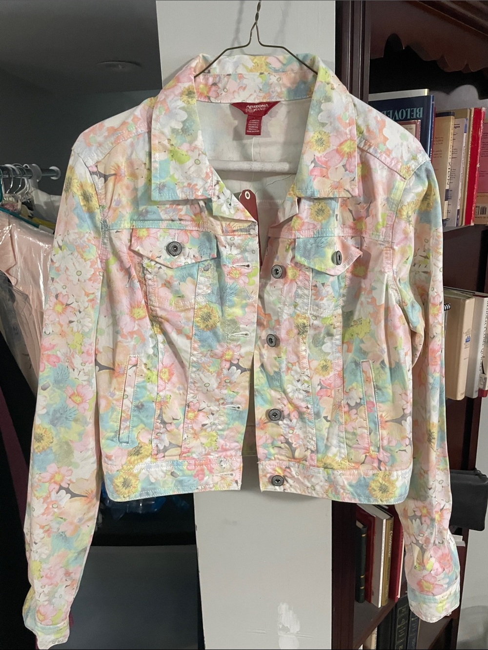 Arizona Jean Company Pastel Floral Denim Jacket - Pink Blue Yellow Cream